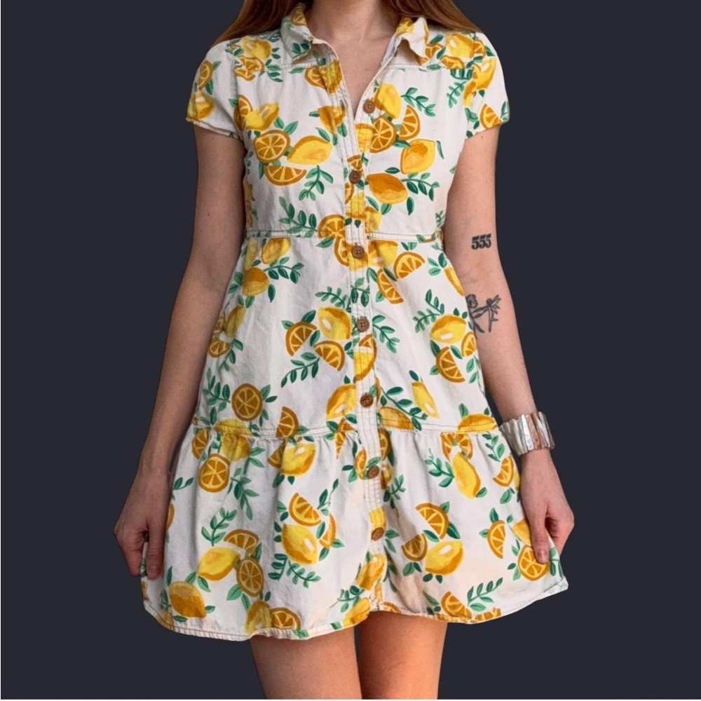 Vintage Lemon Print Mini Dress with Pockets